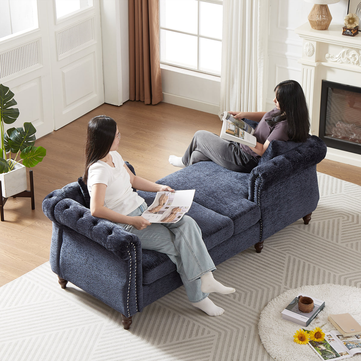 81-inch Chenille Face-to-face Chaise Lounge with Two Pillows,Nailhead trim,Button Tufted Design and Rolled Arms for Lounge, Living room and Office W834S00317-djyc