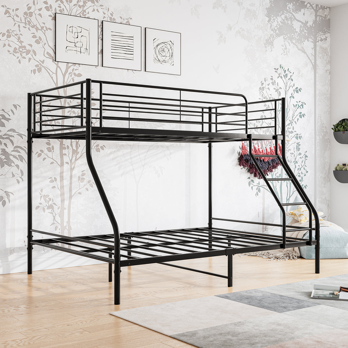 Heavy Duty Twin-Over-Full Metal Bunk Bed, Easy Assembly with Enhanced Upper-Level Guardrail, Black W84056876-djyc