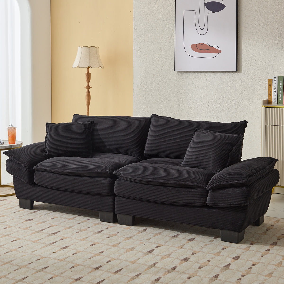 Corduroy Sofa Sleeper Couch Loveseat Sofa with Pillows Comfy Upholstered Deep Seat Sofa for Bedroom,Living Room,Apartment,Office,Dorm-Black Corduroy W676P184130-djyc