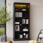 83.4" Tall Black Wood Bookcase with LED Light – 5-Tier Adjustable Shelves N751S246934B-djyc