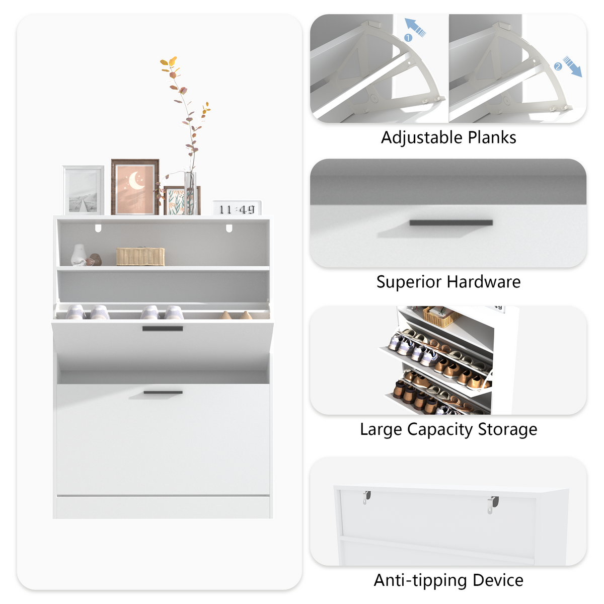 Shoe Storage Cabinet with 2 Flip Drawers, Sturdy Wood Hidden Shoe Storage, Freestanding Narrow Slim Shoe Organizer for Front Door Entrance, Living Room, Hallway, Bedroom (White) W808P174805-djyc