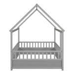 Full Size Floor Wooden Bed with House Roof Frame, Fence Guardrails,Grey W1858123988-djyc