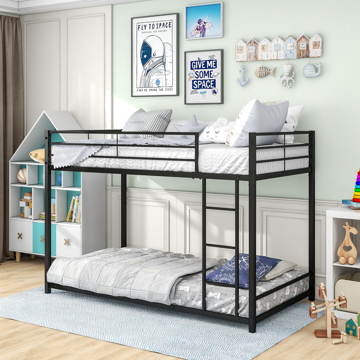 Metal Bunk Bed Twin Over Twin, Bunk Bed Frame with Safety Guard Rails, Heavy Duty Space-Saving Design, Easy Assembly Black W84063609-djyc