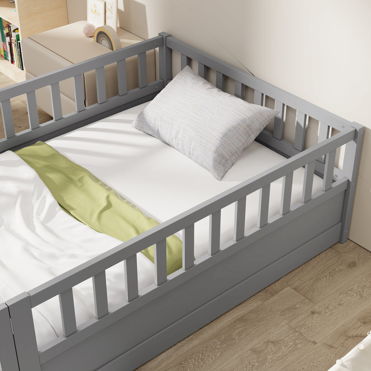 Twin Size Floor bed, integral construction with super high security barrier, door, children's floor bed frame, Montessori wooden children's floor bed, Support slat Grey W1858P164941-djyc