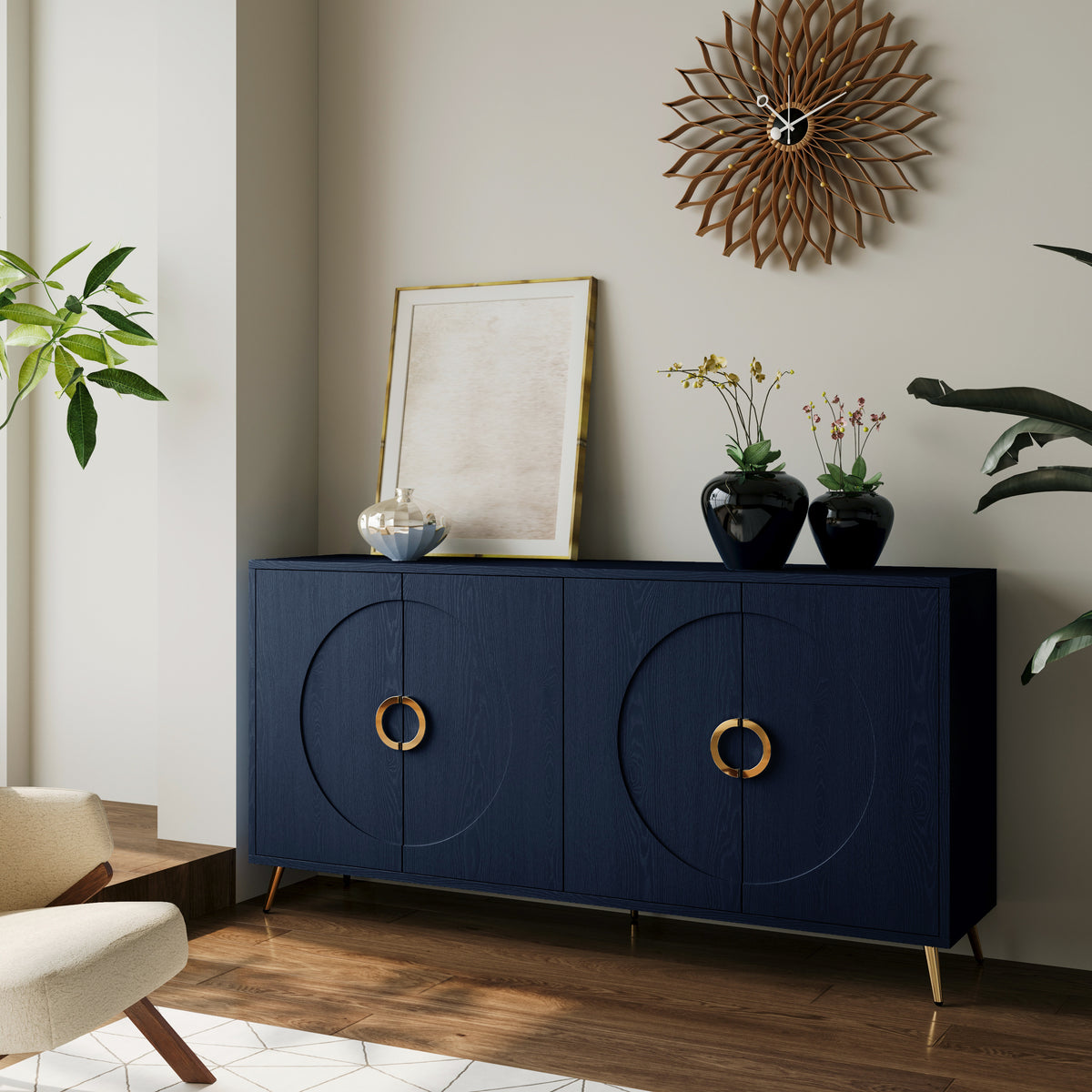 Modern Lacquered 4 Door Wooden Cabinet Sideboard Buffet Server Cabinet Storage Cabinet, for Living Room, Entryway, Hallway, Office, Kitchen and Dining Room, Navy Blue W1435P191610-djyc