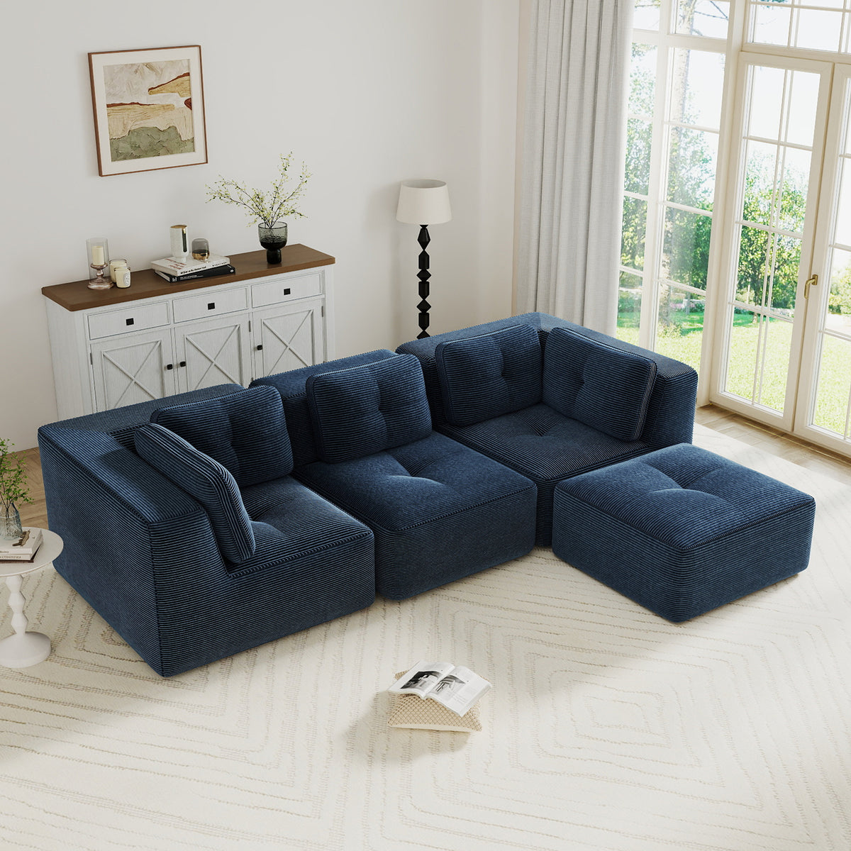 Modern Modular Sectional Sofa for Living Room, Corduroy Fabric,3-Seater Couch with Deep Seat and Movable Ottoman,Pearl-like piping, Tufted Design, No Assembly, Anti-slip Design, Blue-W714S01802