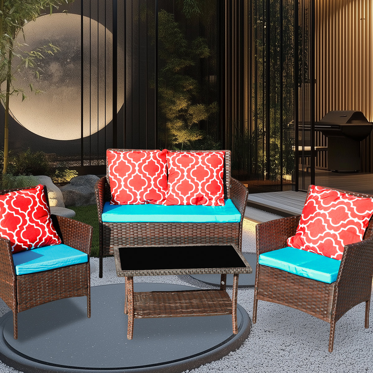 Four-Piece Sofa Set Table With Sofa Chair PE Rattan Outdoor Furniture HY4-001 Box *1 With Sapphire Blue Color Cushion W3152P269436-djyc