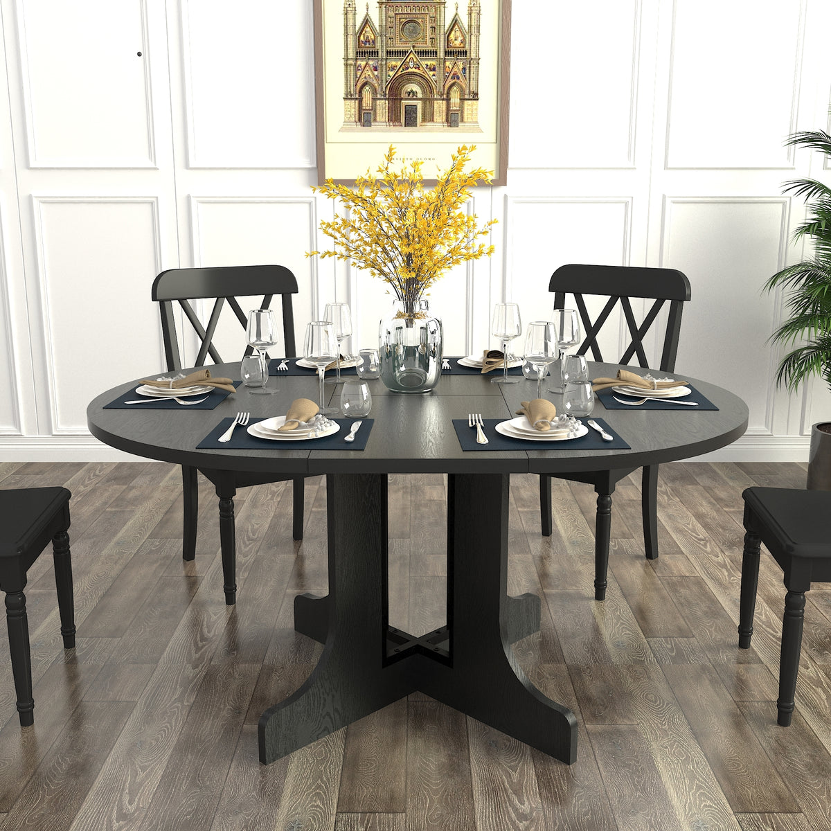 Dining Table for Farmhouse Kitchen 59x43 Inch Expandable Oval Table Top with Removable Leaf Trestle X Shaped Base Black W1347P202405-djyc