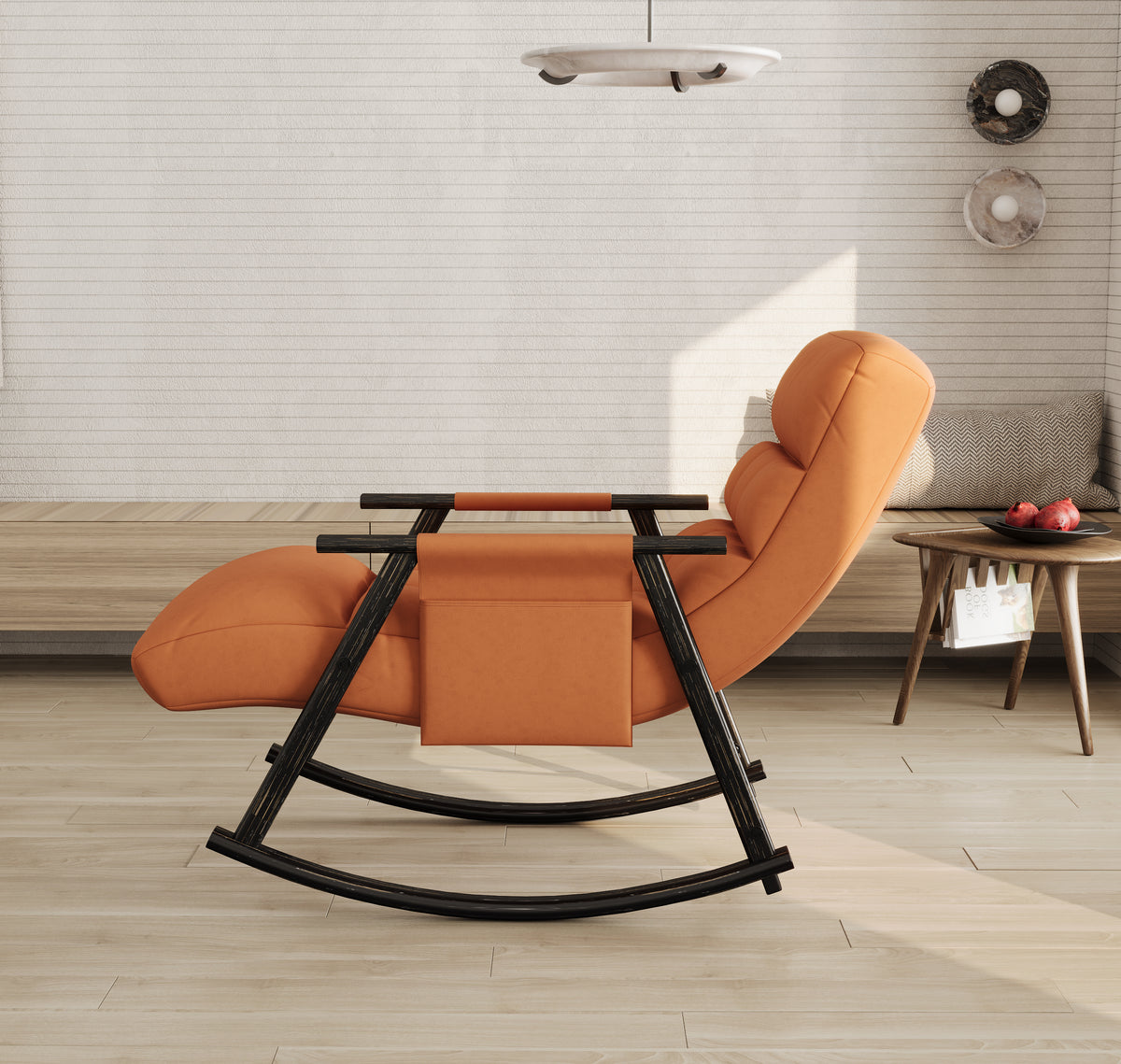 Casual folding rocking chair upholstered, lounge rocking chair adjustable high back and foot rest,side pockets placed in living room bedroom balcony W1669P163324-djyc