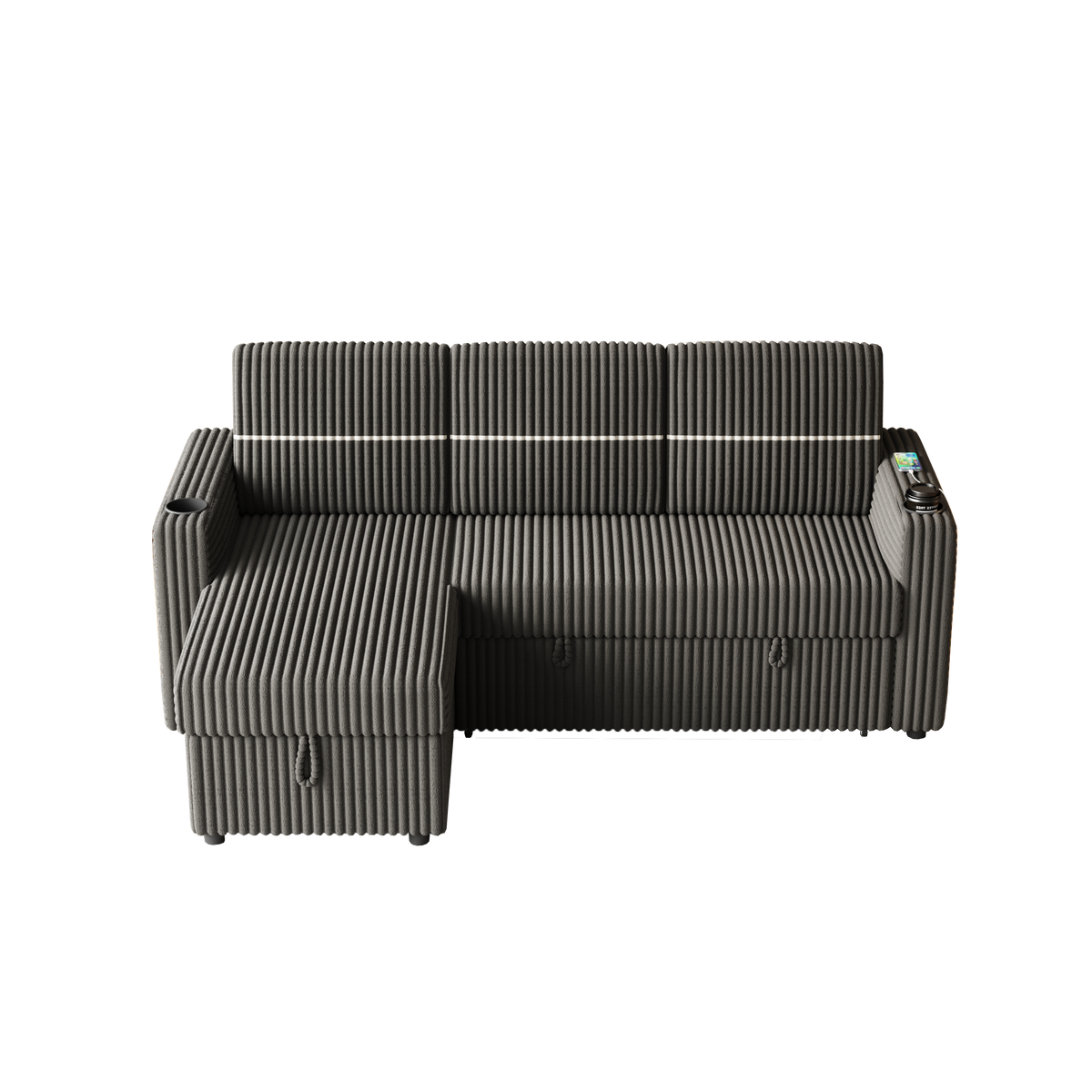 85 Inches Corduroy Sofa Bed, 3 Seater Sleeper Sofa with Storage Chaise, Square Handrail With Two Cup-holder And USB Charge Port, Pull Out Couch for Living Room W834S00270-djyc