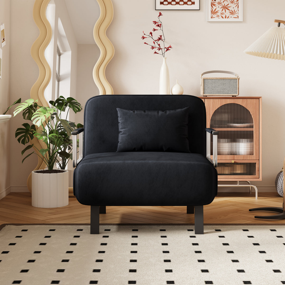 31.5″ Convertible Chair Bed, Tri-Fold Sofa Bed with Adjustable Backrest & Pillow, Leisure Chaise Lounge Couch with Sturdy Steel Frame for Home & Office, Comfortable Sleeper Chair black W1767P220577-djyc