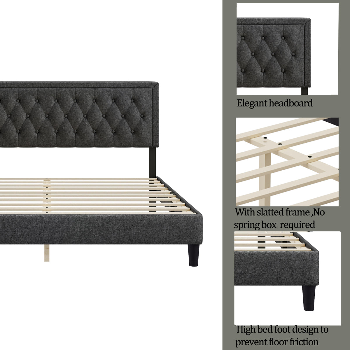 Full size Panel Bed Frame with Adjustable Button-Tufted Headboard for Bedroom/Linen Upholstered/Wood Slat Support/Easy Assembly,Dark Grey W1793140494-djyc