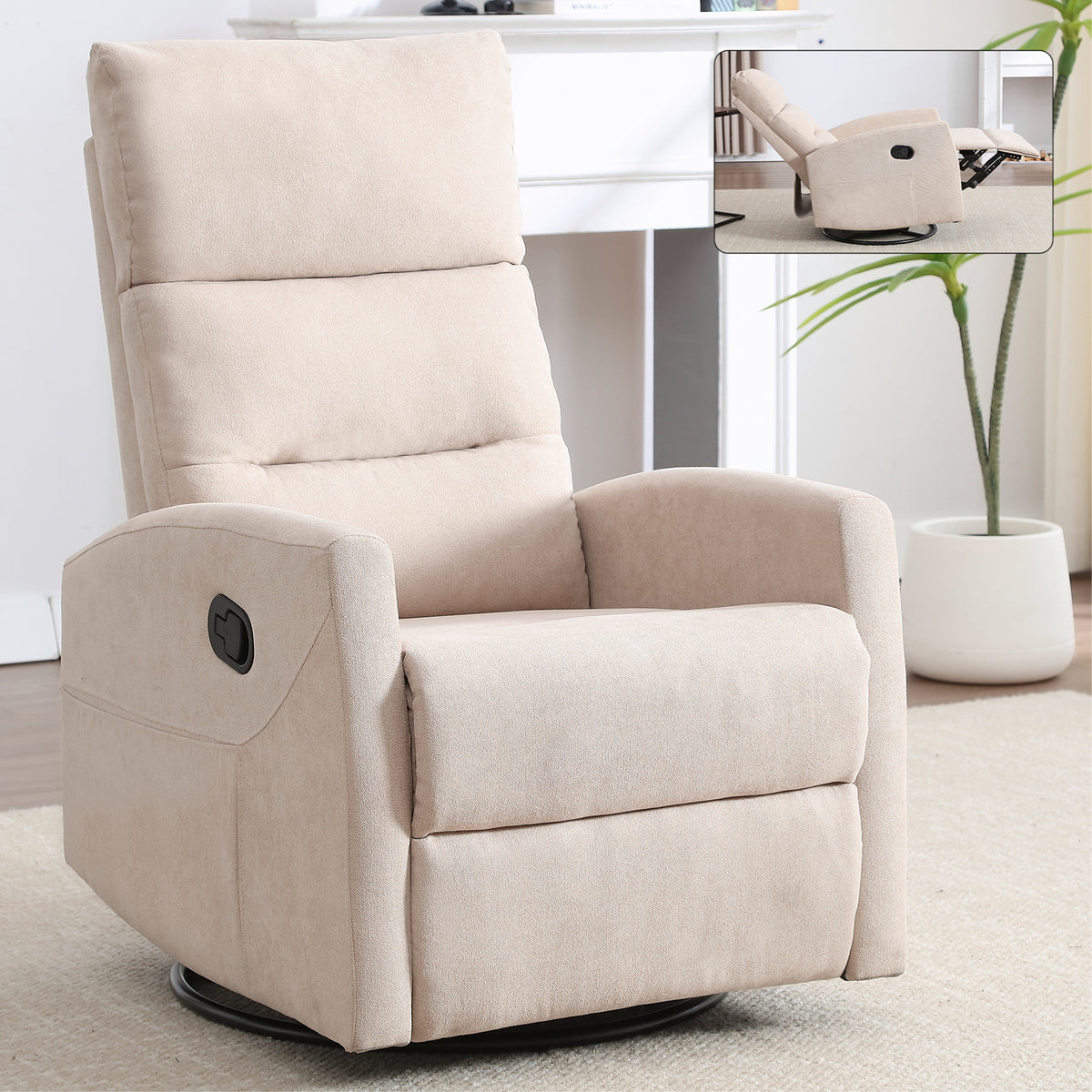Manual Recliner Chair with Rocker and Swivel in Fabric for Living Room, Beige W1803P252280-djyc