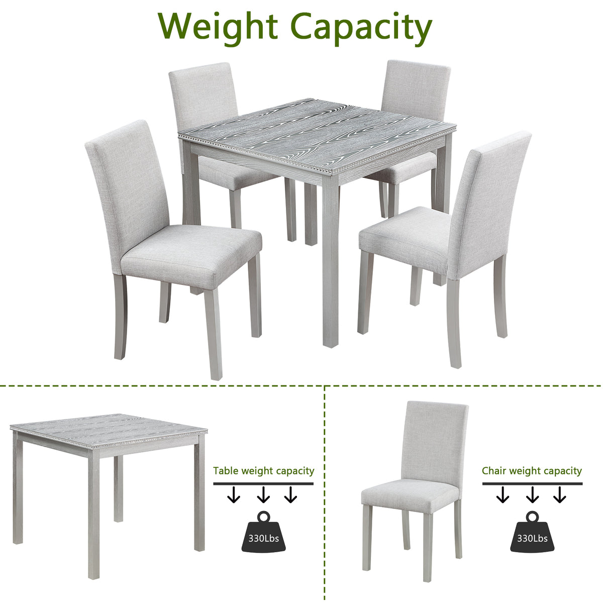 5 Piece Wooden Dining Table Set, Kitchen Table Set with a Square Table and 4 Upholstered Chairs, Wooden Dining Room Table with Crystal Decoration and Chairs Set for Kitchen, Dining Room, Silver grey W1998S00042-djyc