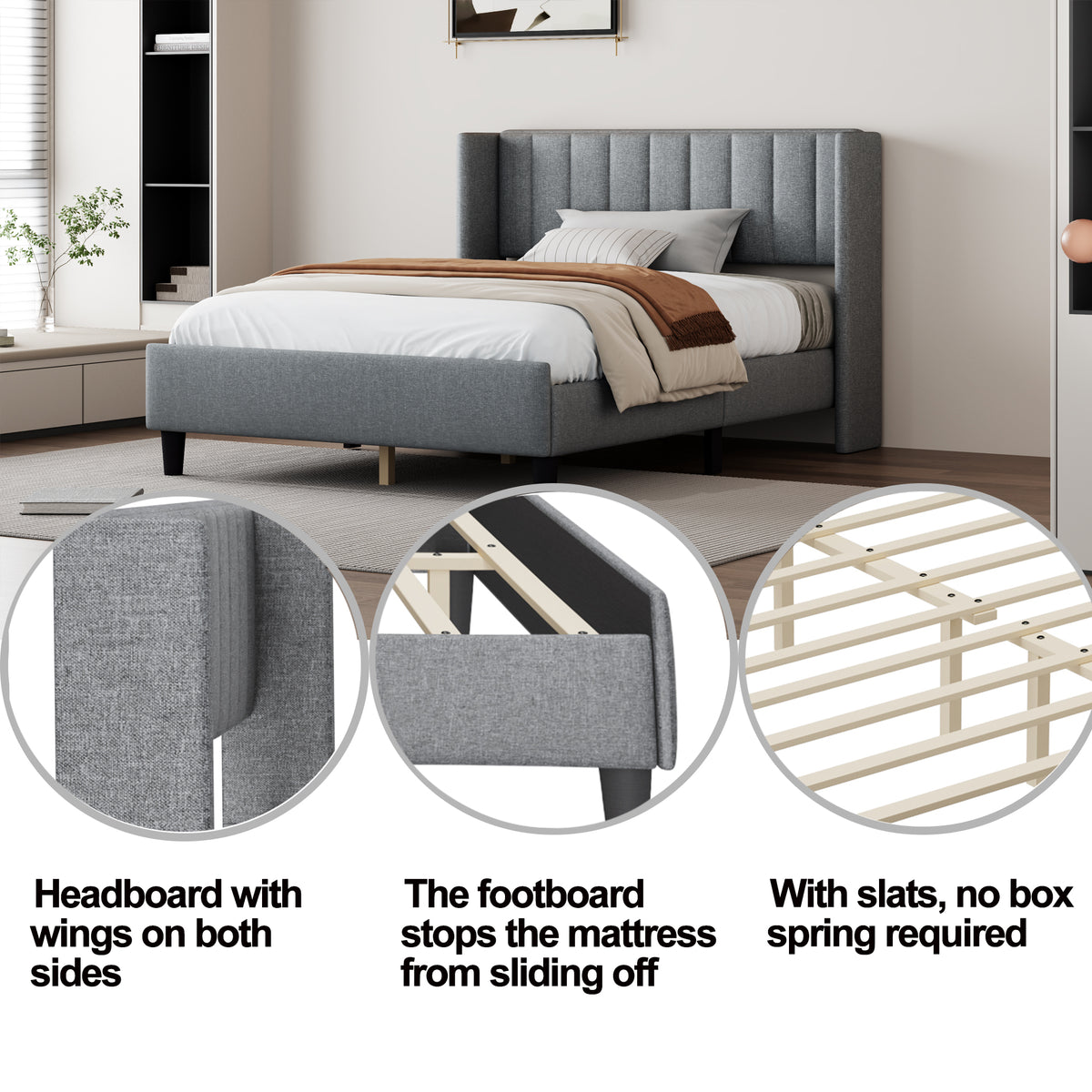 Queen size Upholstered Platform Bed Frame with Headboard, Mattress Foundation, Wood Slat Support, Quiet, no Box Spring Needed, Easy to Assemble Light Grey W1793140457-djyc