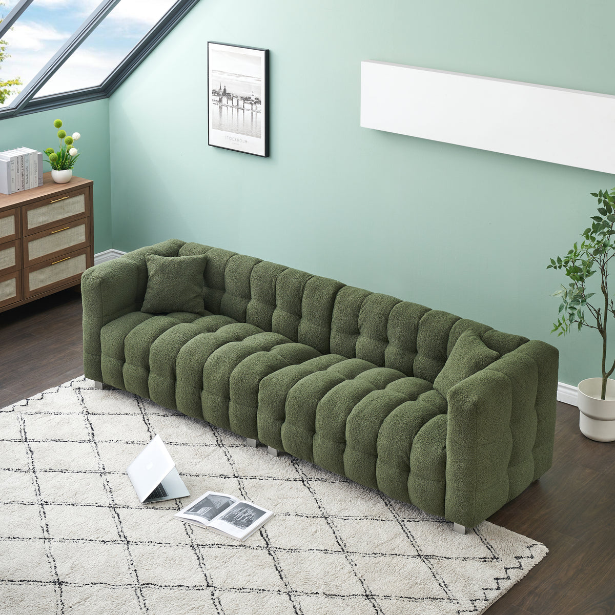 Luxurious 102-Inch Green Teddy Fleece Sofa for Living Room, Bedroom, or Apartment - Includes Two Throw Pillows & Reinforced with Heavy-Duty Hardware Feet W1278S00020-djyc