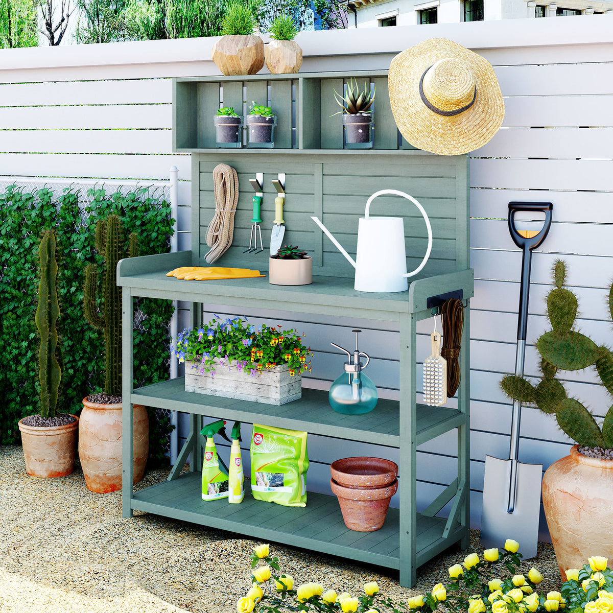 TOPMAX 65' Large Wooden Farmhouse Rustic Outdoor Potting Bench Table, Patio Workstation, Garden Potting Bench with 4 Storage Shelves and Side Hook,Green WF285323AAF-djyc