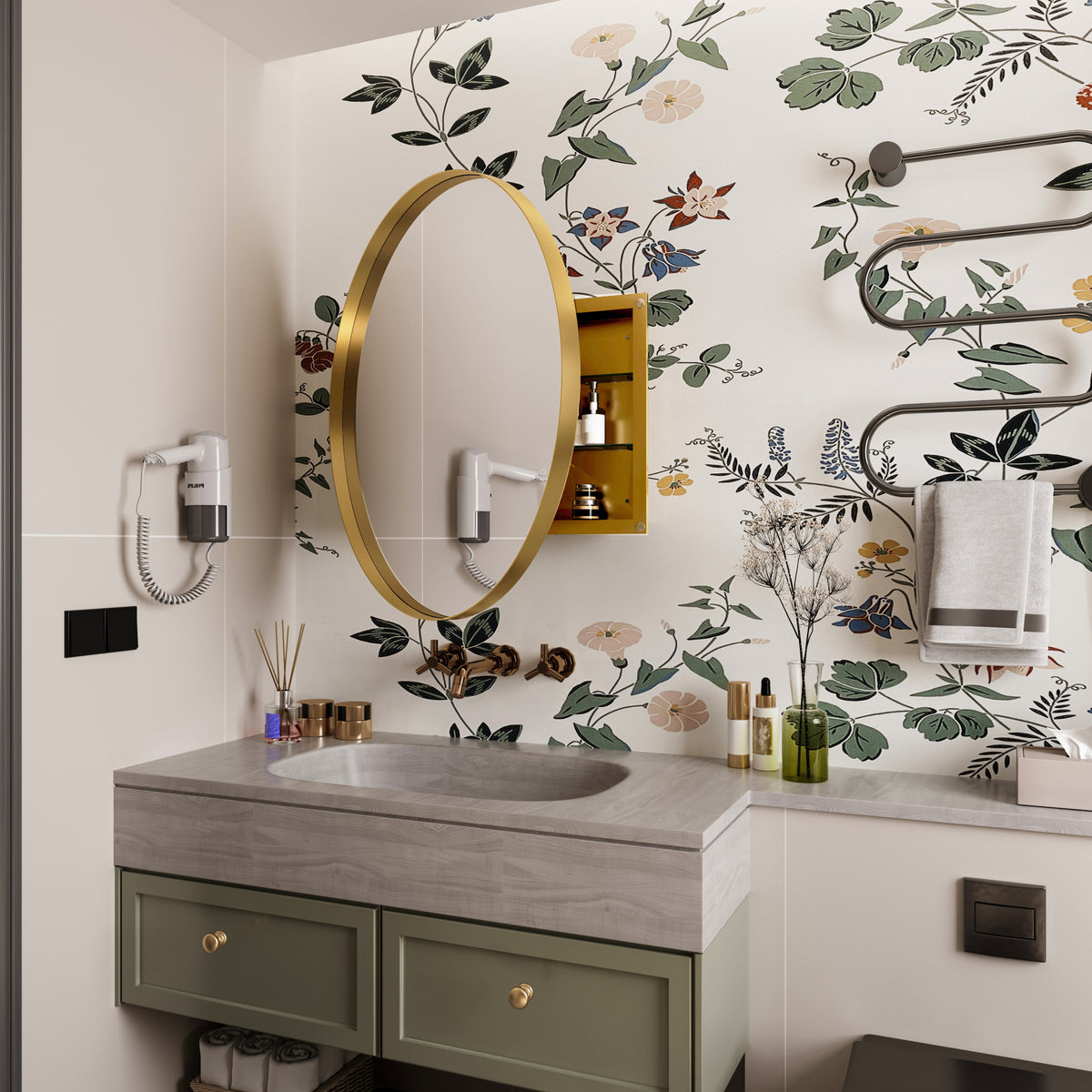 31.5 Inch Surface Mount Round Metal Framed Medicine Cabinet with Mirror and Adjustable Shelves Black Wall Mirror with Storage for Bathroom, Matte Gold W1435P194675-djyc