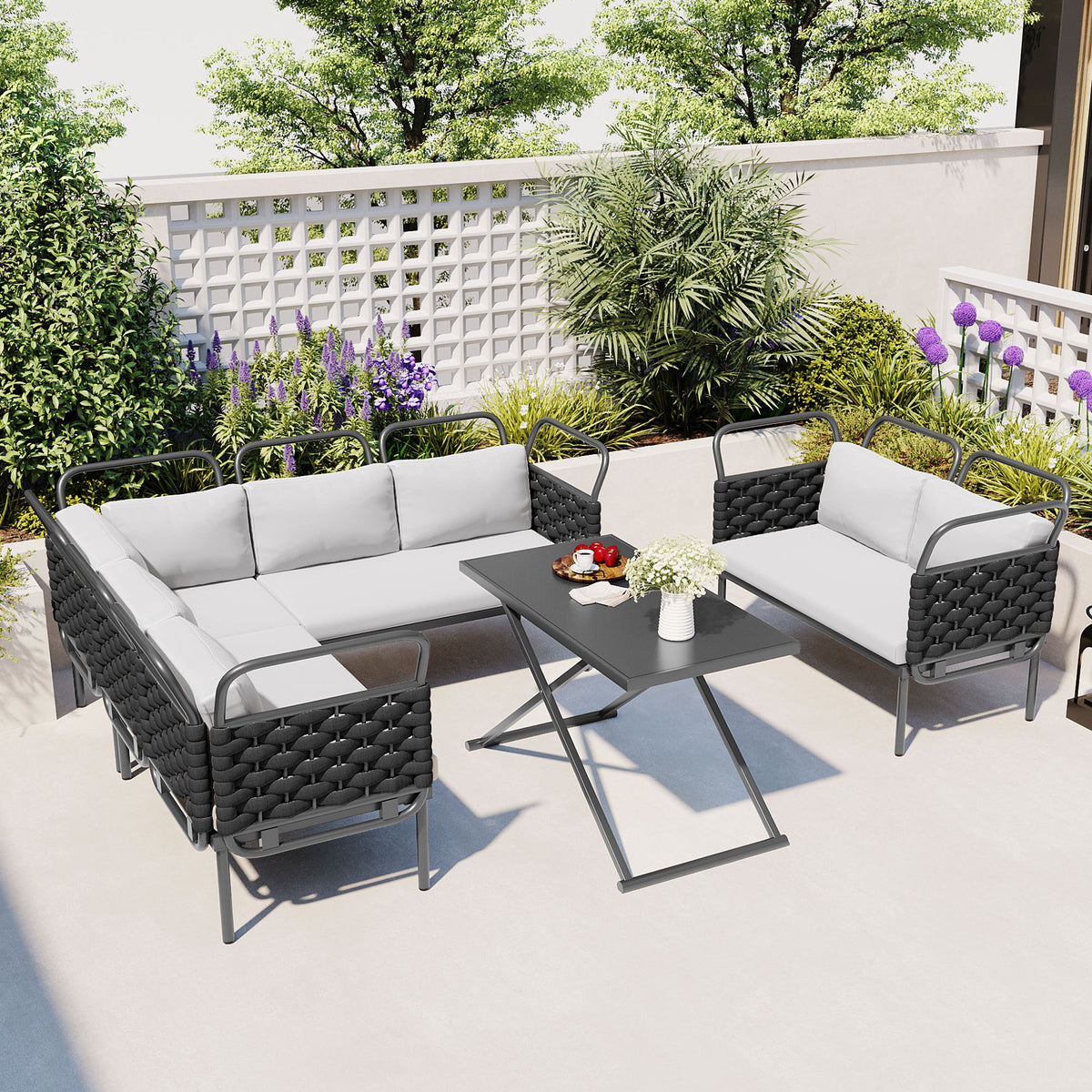 TOPMAX 5-Piece Modern Patio Sectional Sofa Set Outdoor Woven Rope Furniture Set with Glass Table and Cushions, Black+Gray SP100021AAB-djyc
