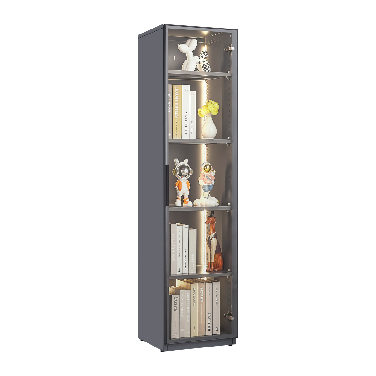 Single Glass Door Metal Storage Cabinet for Storing Photo Frames, Models, Handicrafts Display Cabinets with Removable Dividers and LED Light Strips, Suitable for Living Room, Study, and other places. W2385P152326-djyc