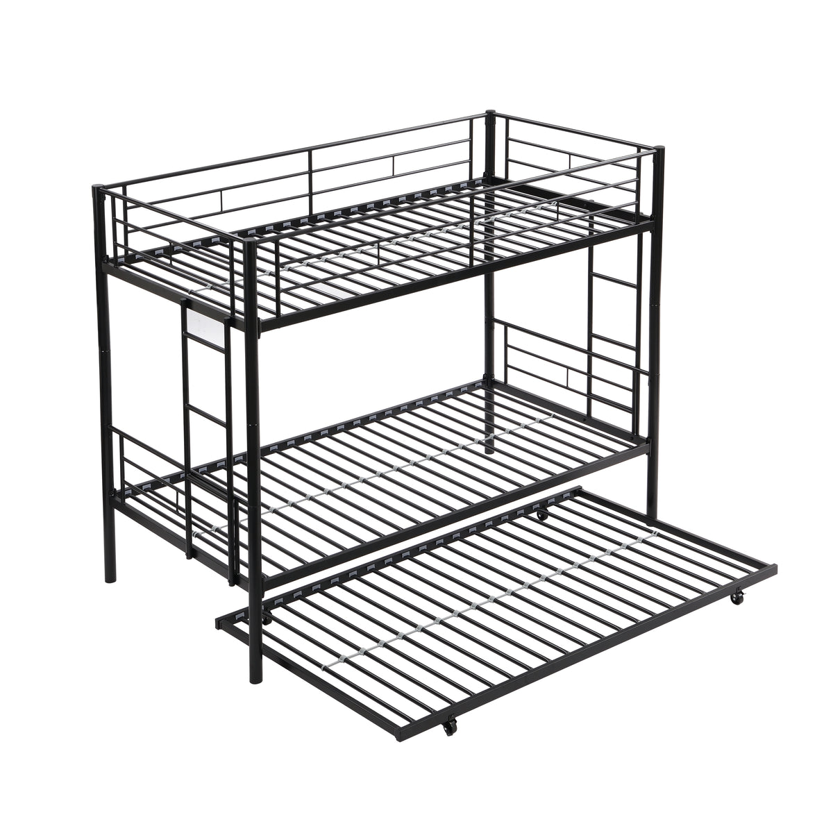 Over Twin Bunk Bed Frame with Trundle,Metal Bunkbed with Sturdy Guard Rail and 2 sideLadders for Kids/Adults,Can be Divided Into Two Beds, No Box Spring Needed, Noise Free for Dorm,Black W1916115338-djyc