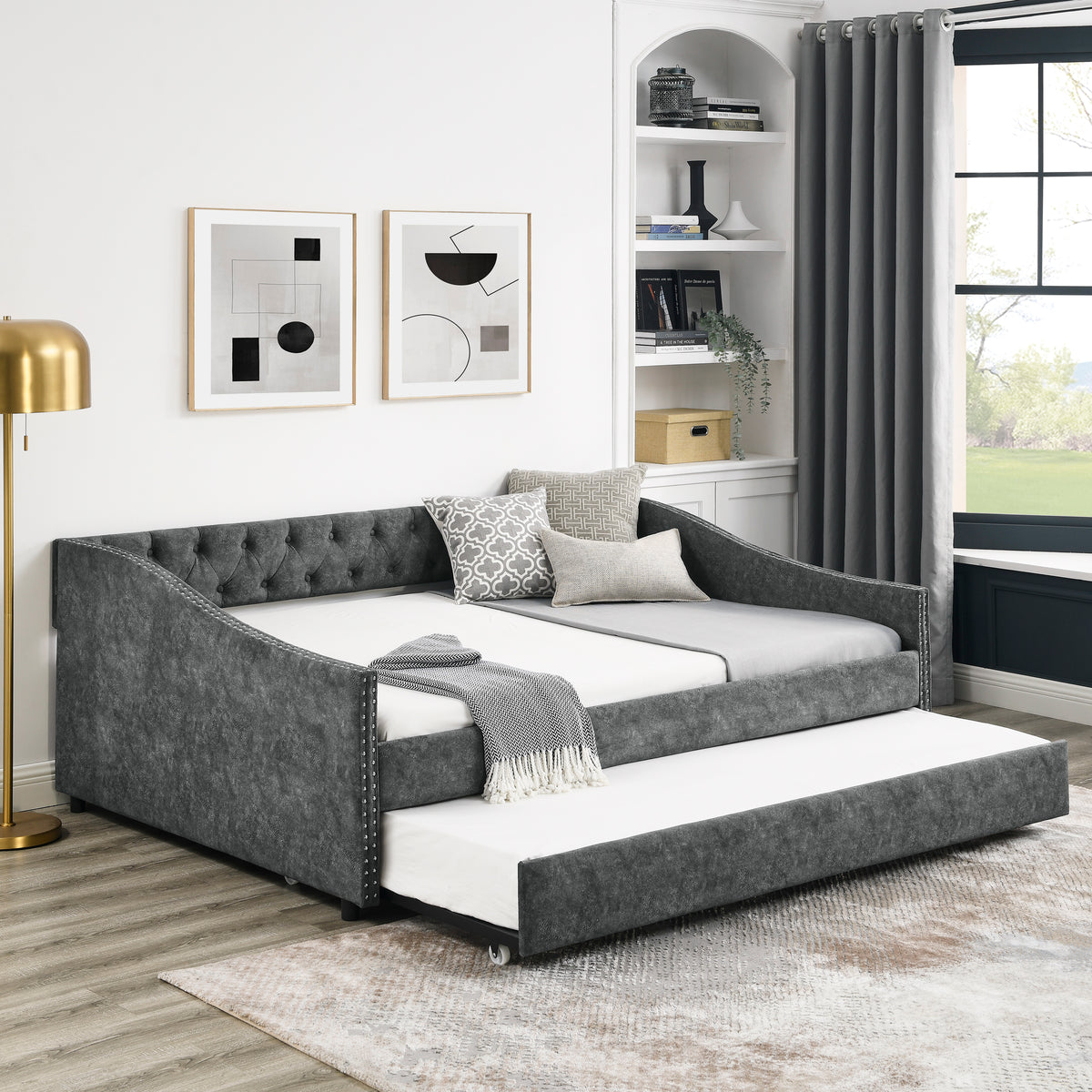 Full Size Daybed with Twin Size Trundle Upholstered Tufted Sofa Bed, with Button on Back and Copper Nail on Waved Shape Arms,Grey (80.5'x55.5'x27.5') W1413S00007-djyc