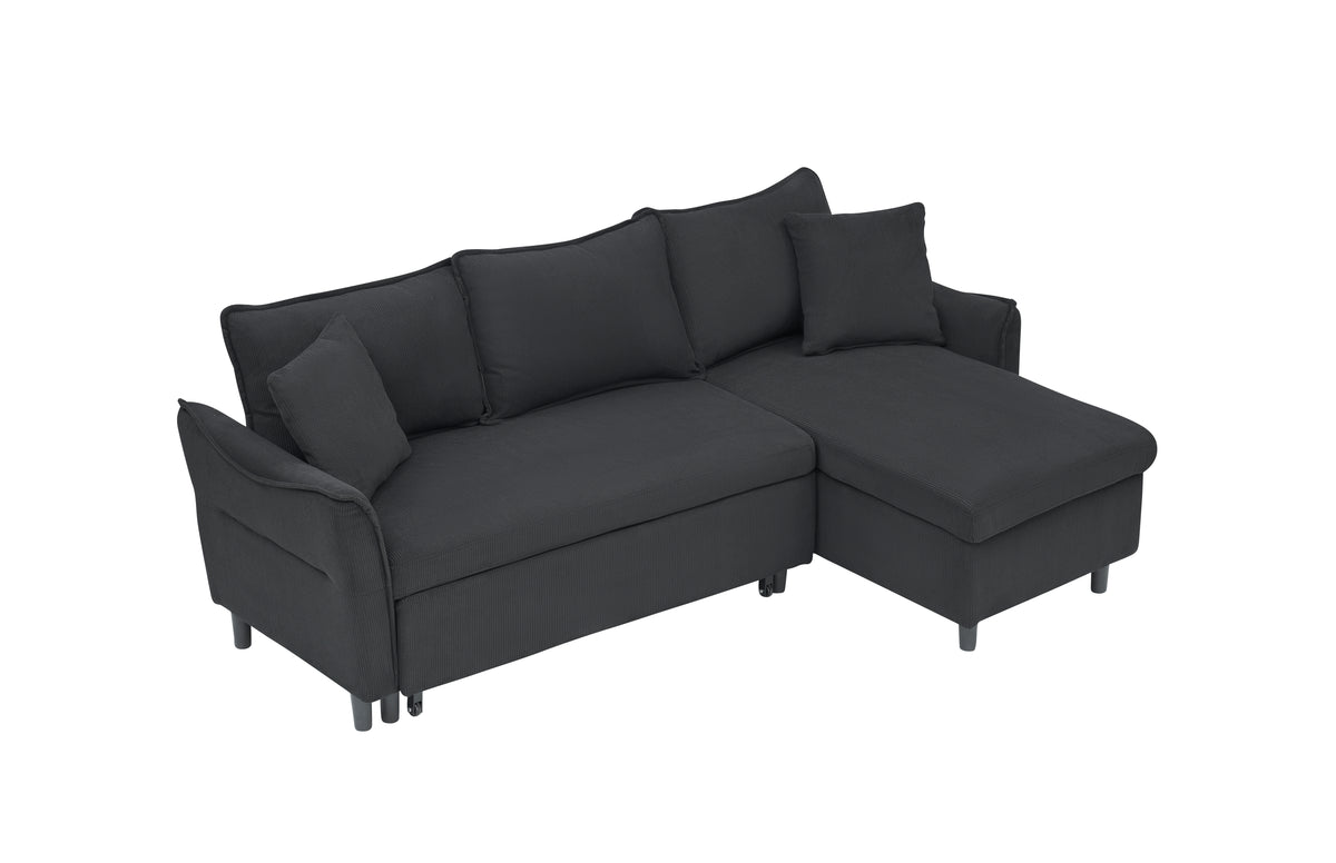 This 80-inch black corduroy L-shaped sofa comes with two small throw pillows that can be converted into a sofa bed for storage W1278S00028-djyc