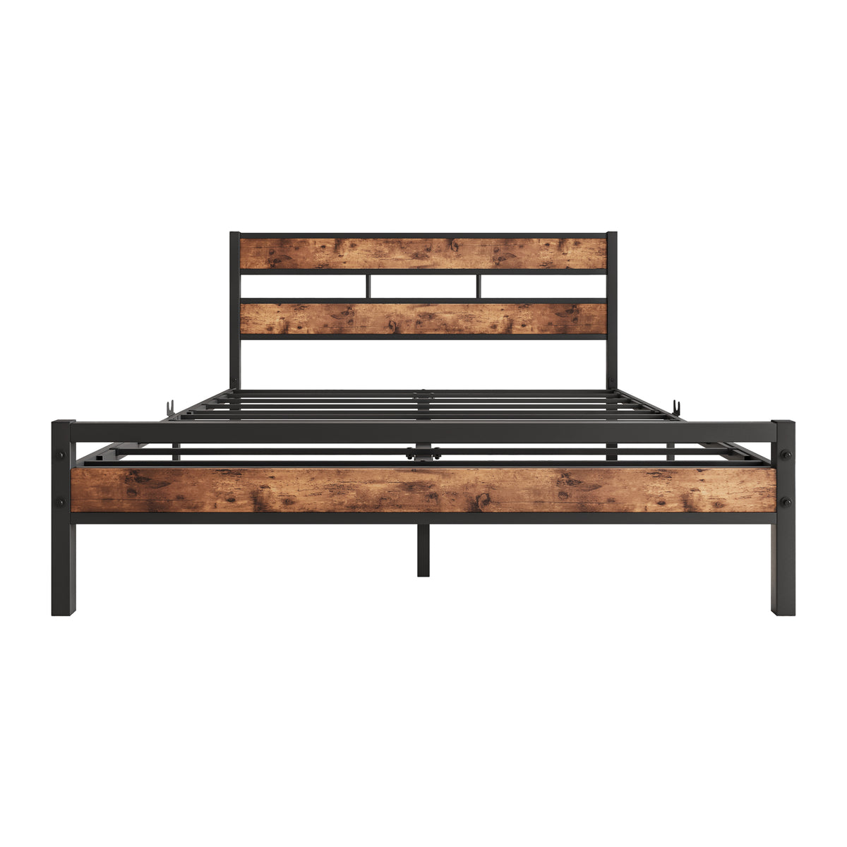 Queen Size Platform Bed Frame with Rustic Vintage Wood Headboard, Strong Metal Slats Support, No Box Spring Needed W840P144084-djyc