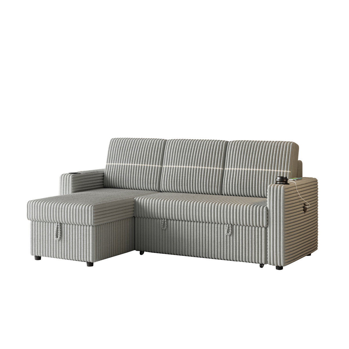 85 Inches Corduroy Sofa Bed, 3 Seater Sleeper Sofa with Storage Chaise, Square Handrail With Two Cup-holder And USB Charge Port, Pull Out Couch for Living Room W834S00269-djyc