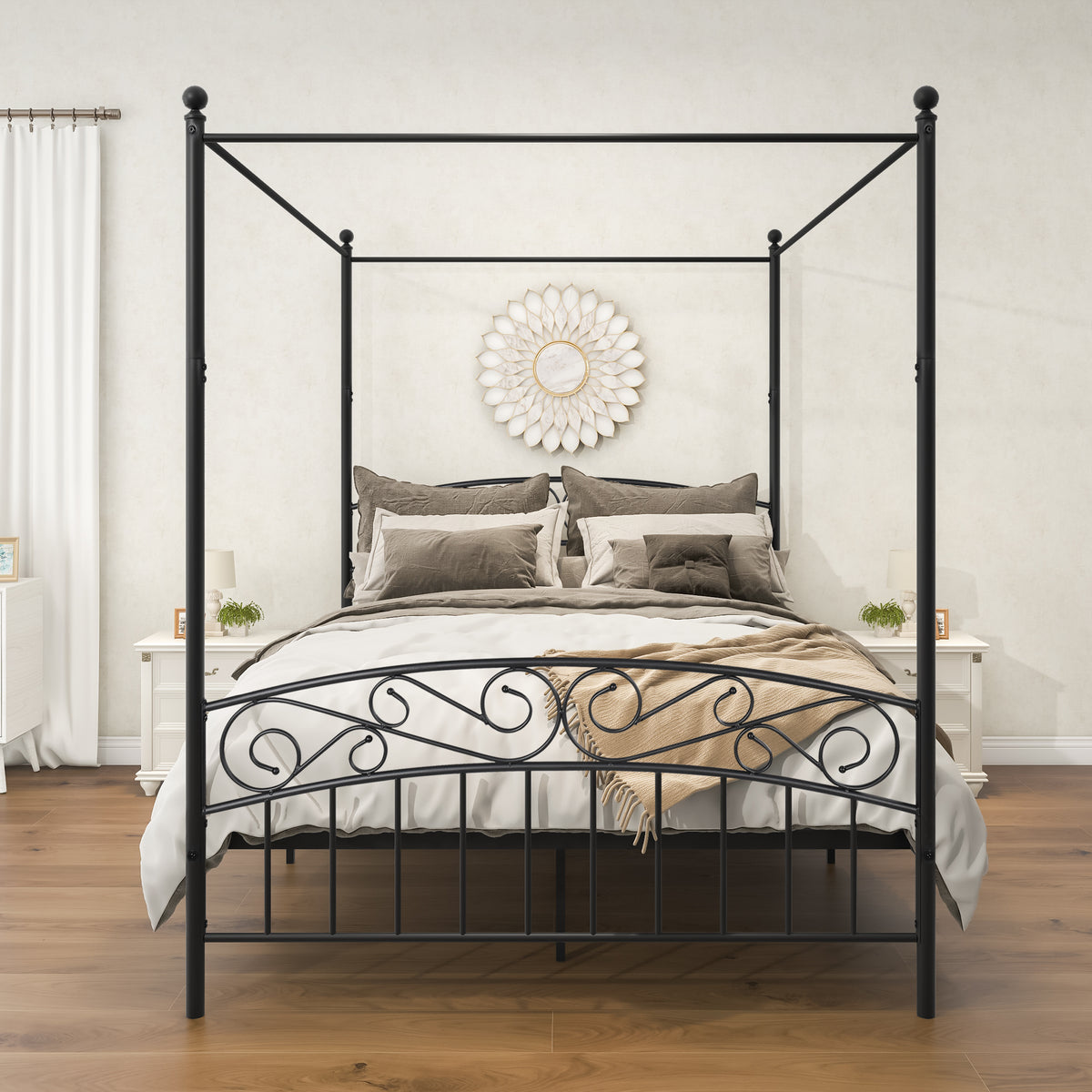 Queen Size Metal Canopy Bed Frame with Headboard and Footboard Black W84034157-djyc