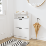 Shoe Storage Cabinet with 2 Flip Drawers, Sturdy Wood Hidden Shoe Storage, Freestanding Narrow Slim Shoe Organizer for Front Door Entrance, Living Room, Hallway, Bedroom (White) W808P174805-djyc