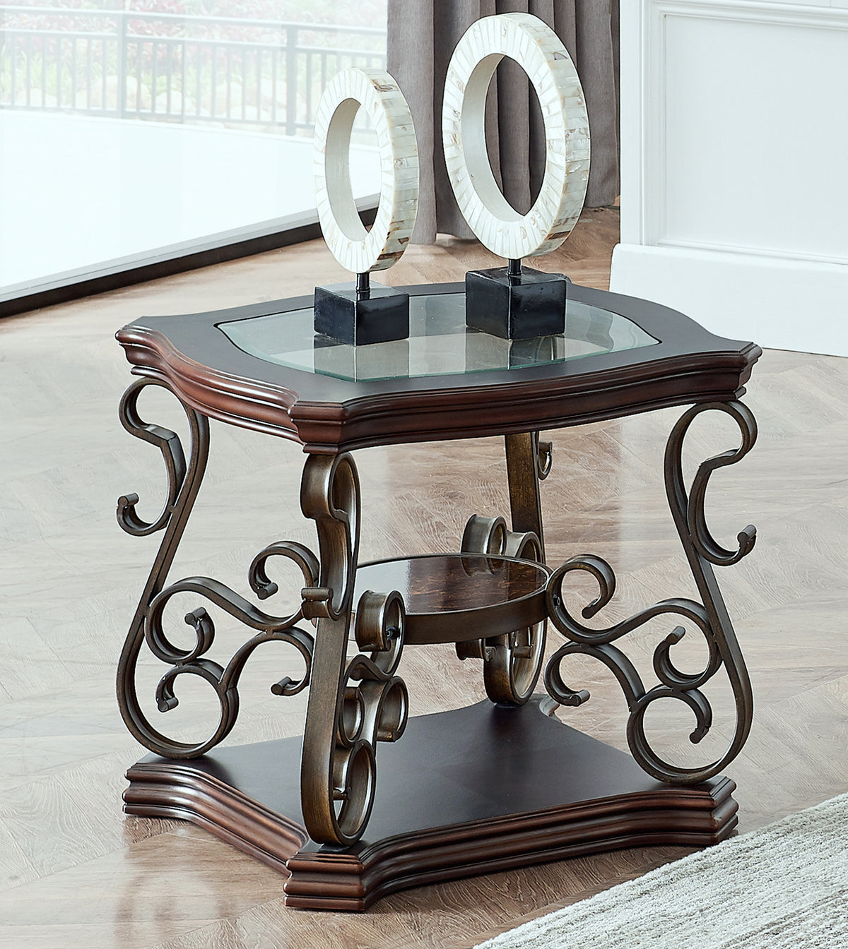 End table,Glass table top, MDF W/marble paper middle shelf, powder coat finish metal legs. (26.3"Lx26.3"Wx24"H) W48720761-djyc