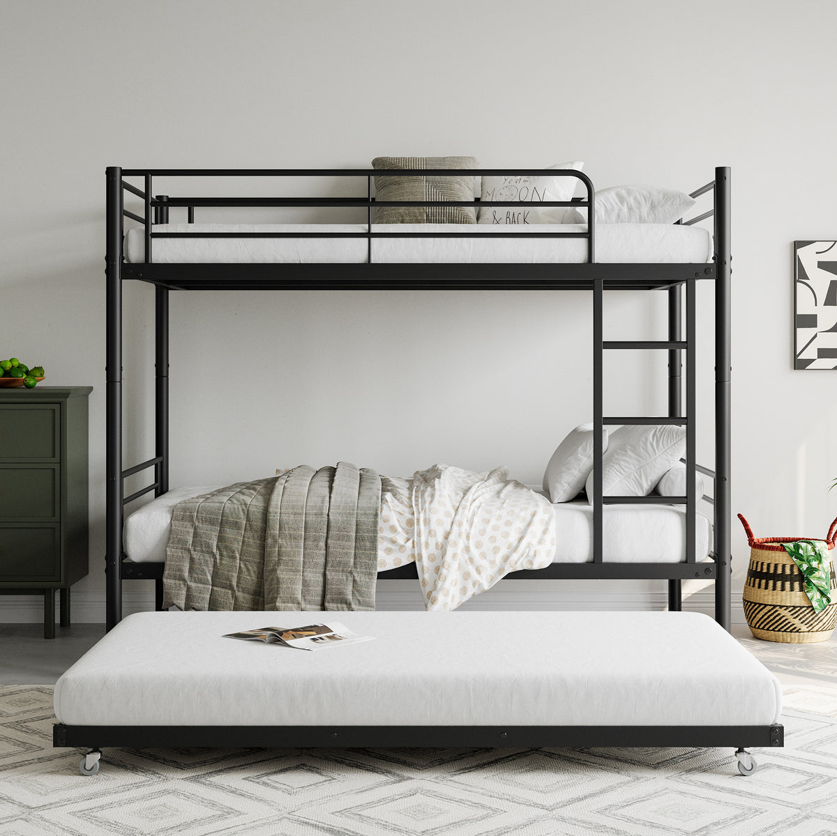Twin Bunk Bed with Trundle Metal Bunkbeds with Ladder and Full-Length Guardrail, Noise Free, No Box Spring Needed, Black W840P196829-djyc