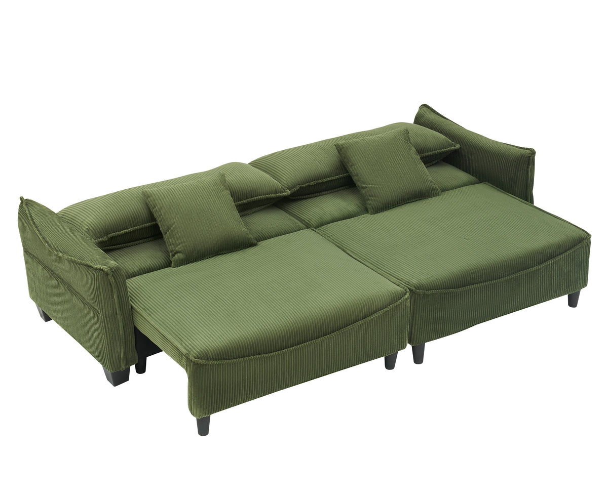 Sofa Showcasing Green Corduroy Fabric, Transformable into Sofa Bed with Two Throw Pillows: Ideal for Living Rooms & Diverse Scenes W1278S00038-djyc