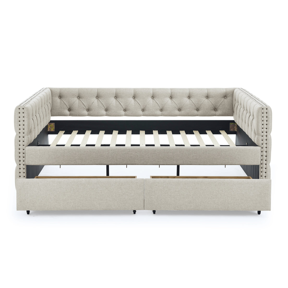 Upholstered Full Size Daybed with Two Drawers, with Button and Copper Nail on Square Arms, Beige (82.75''x58''x30.75'') W487S00219-djyc