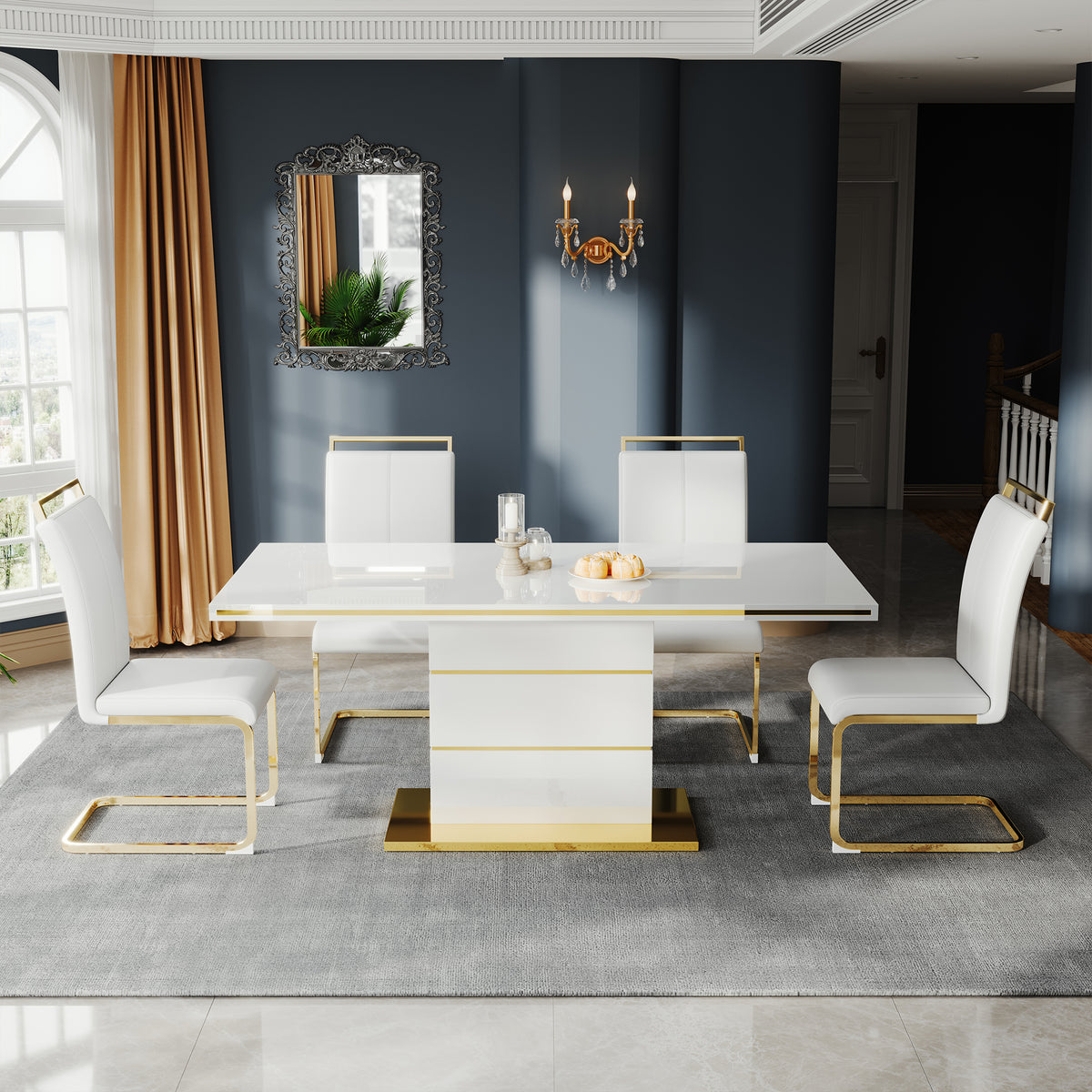 MDF Dining Table,Panel stainless steel polished gold-plated bar, need to hit copper nails,Table Size: 62.99" L x 35.43" W x 29.92" H W1311S00252-djyc