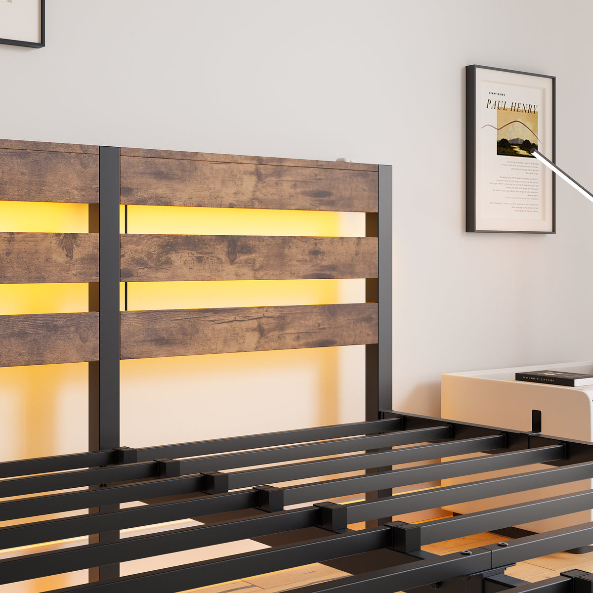 Queen SizeMetal Bed Frame with Wooden Headboard, RGB Lights,Charger, Storage Shelf, Noise-Free, No Box Spring Needed,Rustic Brown W840P209904-djyc