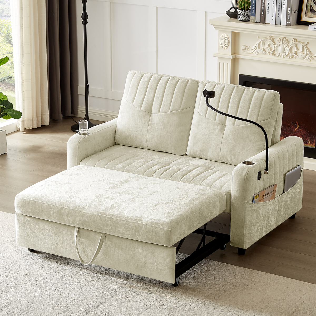 53.9' Modern Loveseat Pull-out Sofa Bed with Adjustable Backrest, Two Cup Holders , a Phone Holder, Three Charging Ports and Side Storage Pockets for Living Room, Beige N719S001650A-djyc