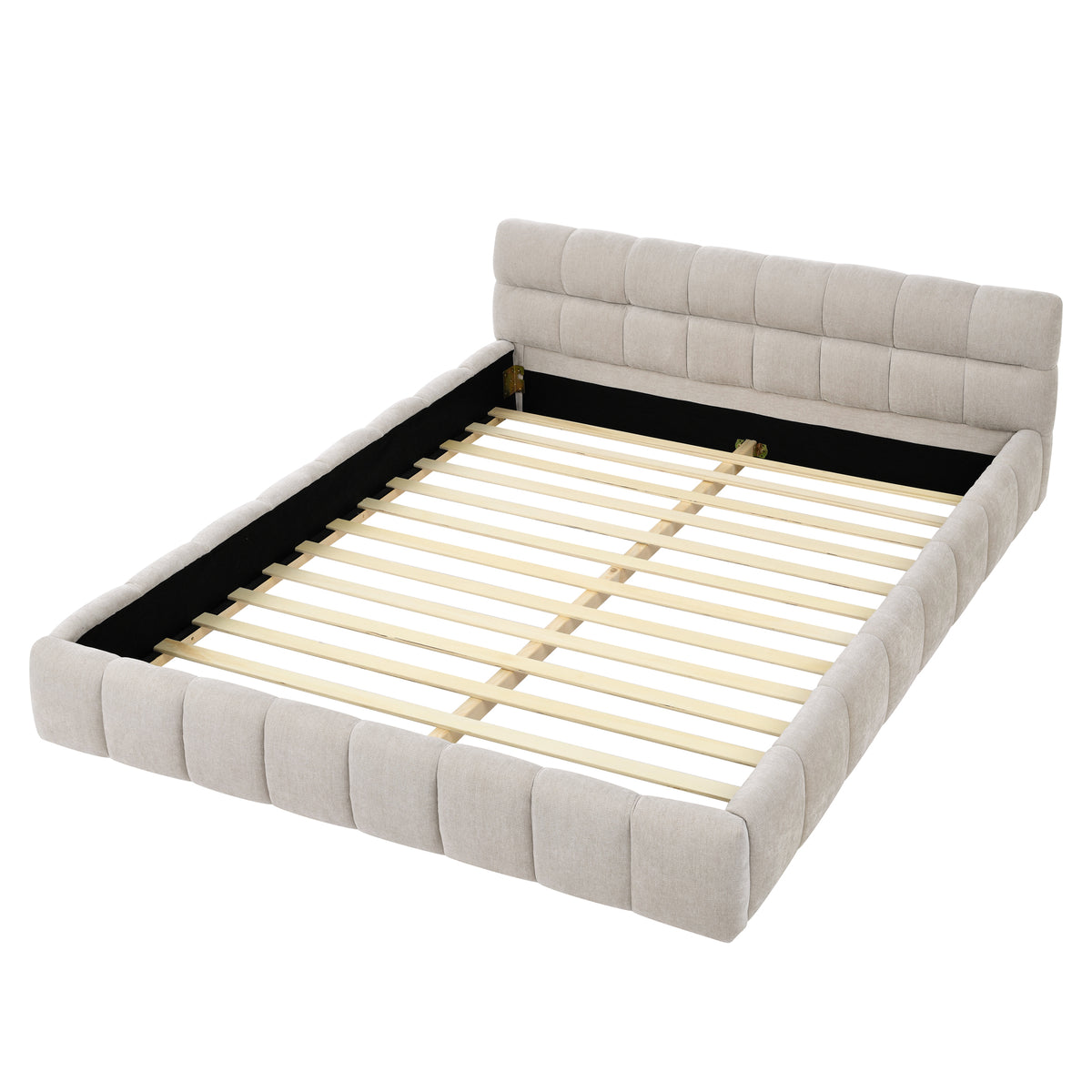 Queen Size Upholstered Bed Frame with Thick Fabric, Chenille Fabric Grounded Queen Size Platform Bed with Headboard and Solid Frame. No Box Spring Needed, Beige(68''*86.5''*23.5'') W487S00220-djyc