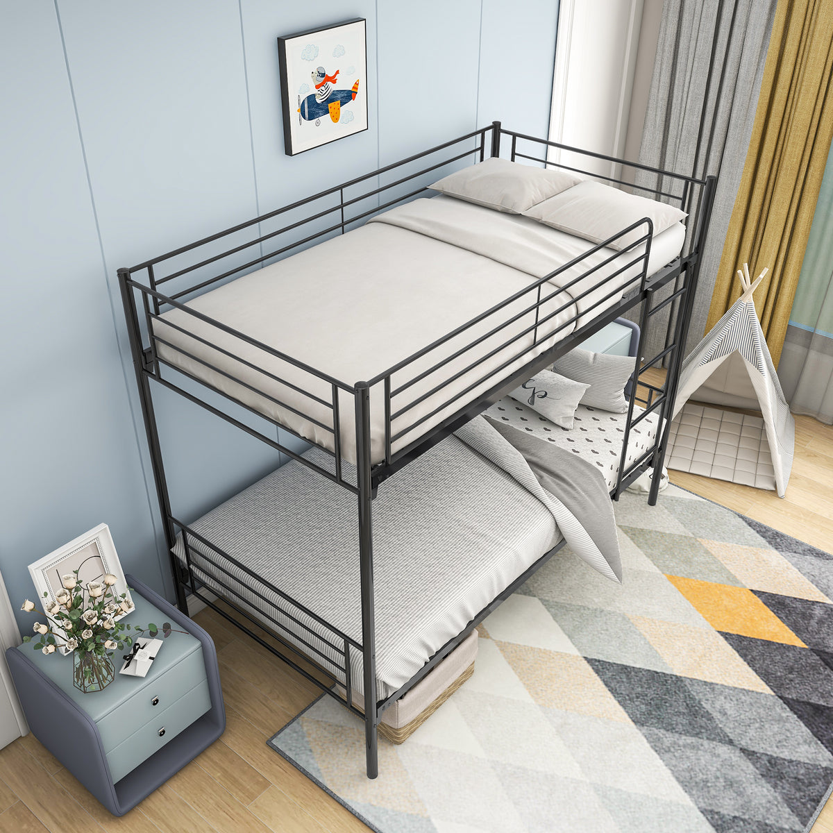 Twin over Twin Bunk Bed, Metal Frame with Ladder W84034154-djyc