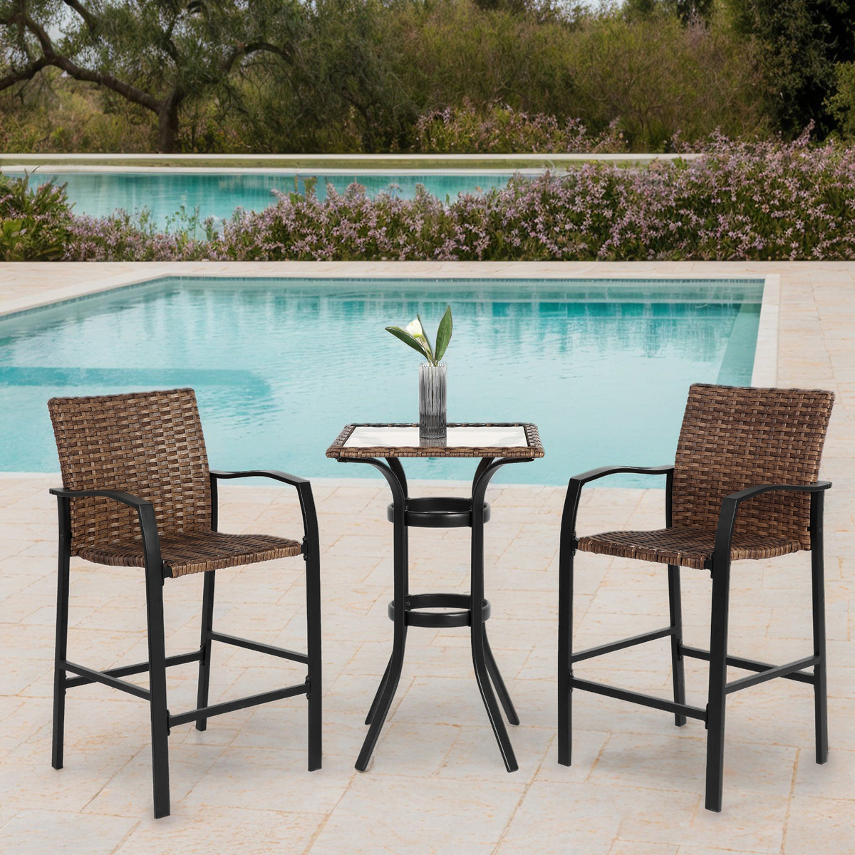 3 Pieces Outdoor Bar Stools Set,Rattan Bar Chairs,with glass table top, Wicker Bar Stools for Backyard, Garden, Pool, Balcony and Deck, Brown W640P256895-djyc