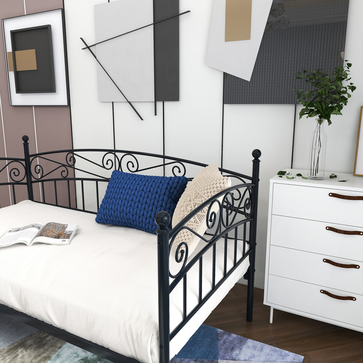 Metal Daybed Frame Multifunctional Mattress Foundation/Bed Sofa with Headboard, Twin, Black W840100846-djyc