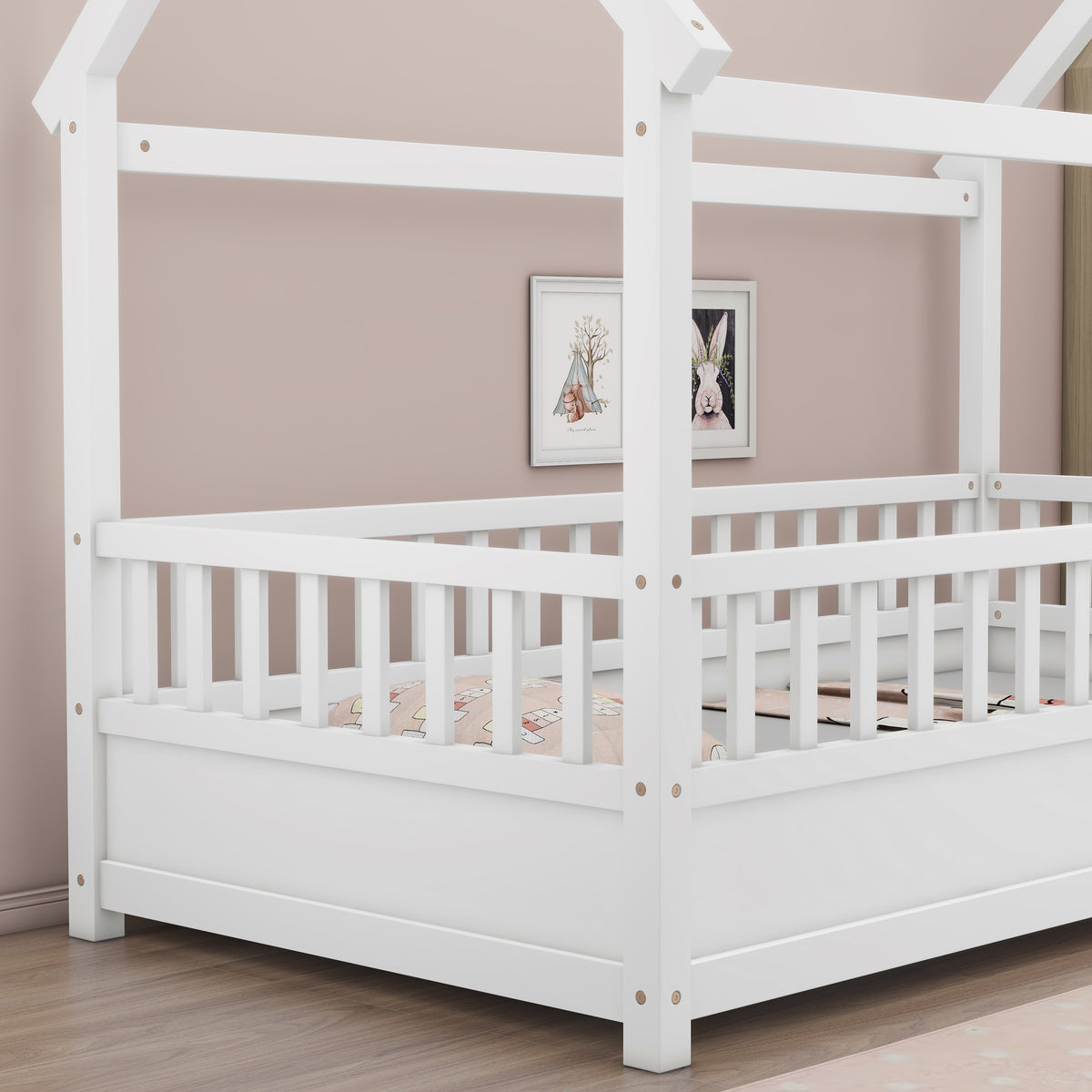 Twin Size Floor Wooden Bed with House Roof Frame, Fence Guardrails,White W1858123984-djyc