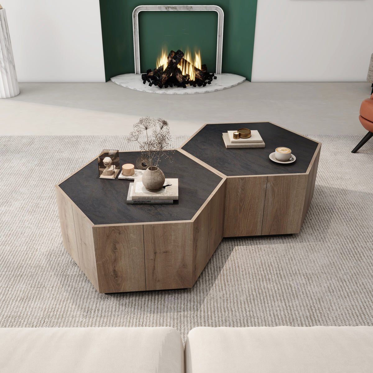 Hexagonal Rural Style Garden Retro Living Room Coffee Table with 2 drawers, Textured Black + Warm Oak W88194499-djyc