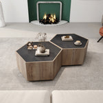 Hexagonal Rural Style Garden Retro Living Room Coffee Table with 2 drawers, Textured Black + Warm Oak W88194499-djyc