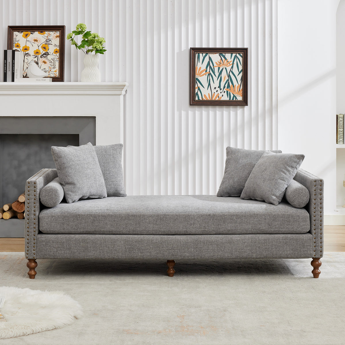 75.2'' Wide Upholstered Chaise Lounge Indoor with Nailheads,Sleeper Sofa Couch With 4 Throw Pillows&2 Bolsters,Daybed with Rubberwood Legs For Living Room,Bedroom, Apartment,Guestroom,Gray Chenille W1852S00021-djyc