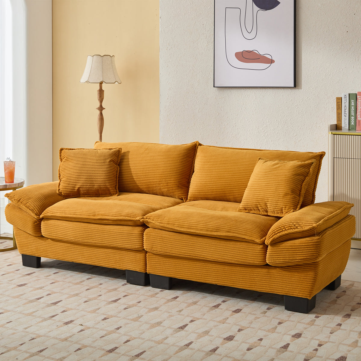 Corduroy Sofa Sleeper Couch Loveseat Sofa with Pillows Comfy Upholstered Deep Seat Sofa for Bedroom,Living Room,Apartment,Office,Dorm-Yellow Corduroy W676P184141-djyc