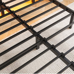 Full Size Metal Bed Frame with Wooden Headboard, RGB Lights, Outlets & Charger, Storage Shelf, Noise-Free, No Box Spring Needed W840P209906-djyc