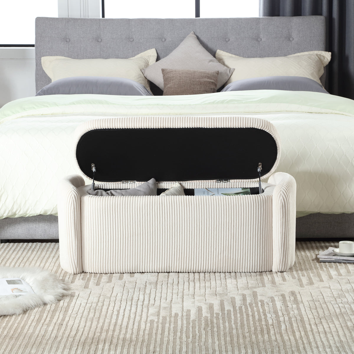 House Hold Storage Ottoman,Bedroom End Bench,Upholstered Fabric Storage Ottoman with Safety Hinge, Entryway Padded Footstool, Ottoman Bench for Living Room & Bedroom (Beige) W1588P194714-djyc