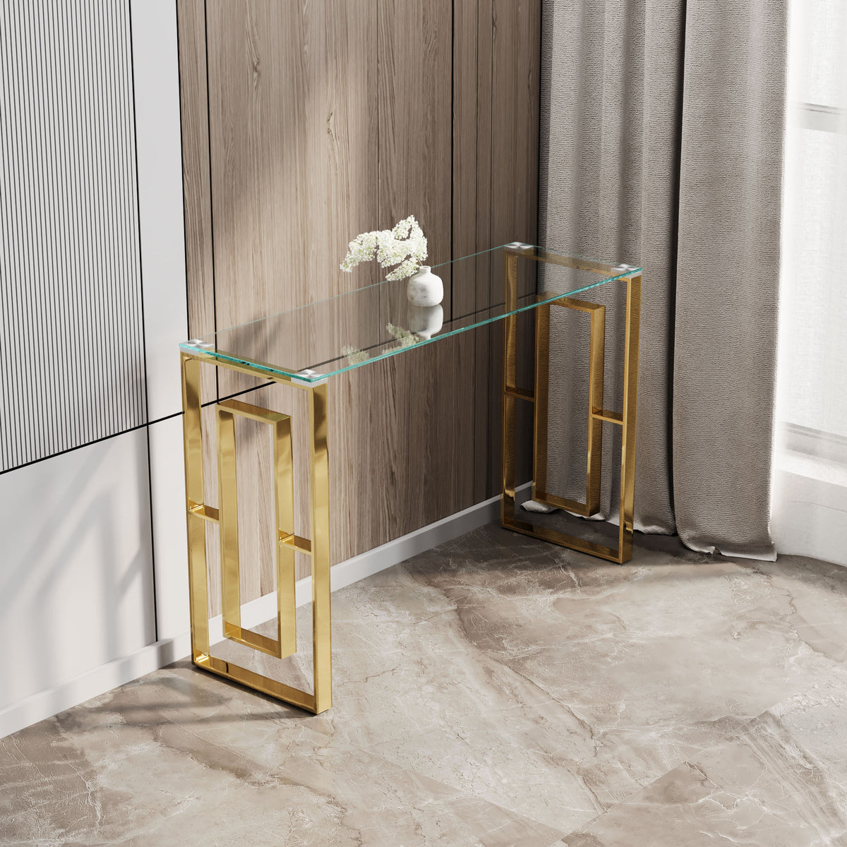 Console Table Stainless Steel Glass,Meal side table Golden Clearbs-02 W1727P195276-djyc